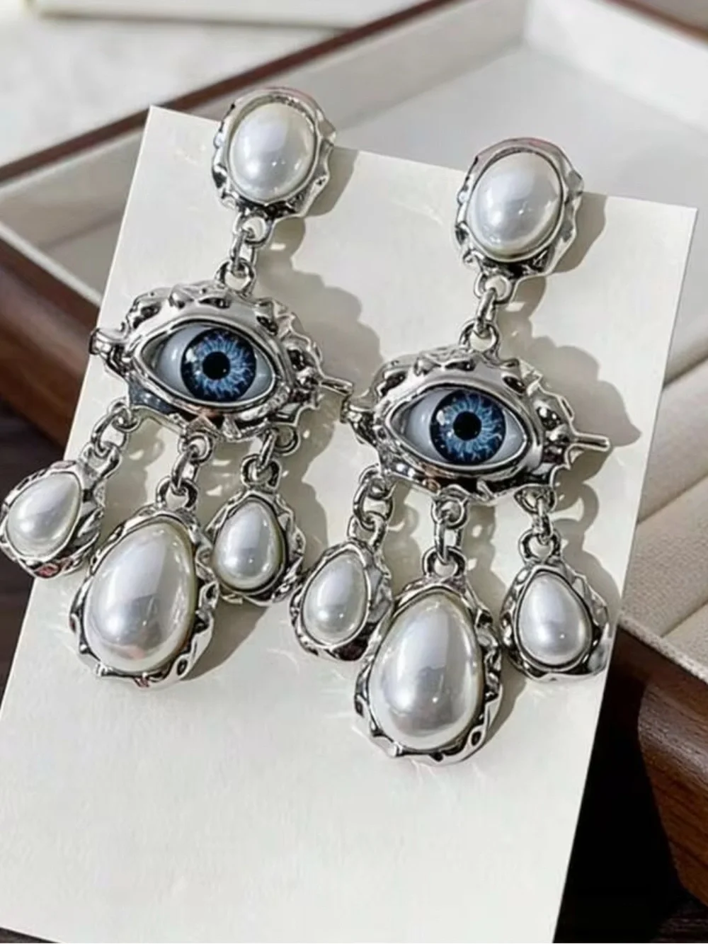 New! Silver Drop Baroque Style Pearls with Blue Evil Eye Chandelier Earrings